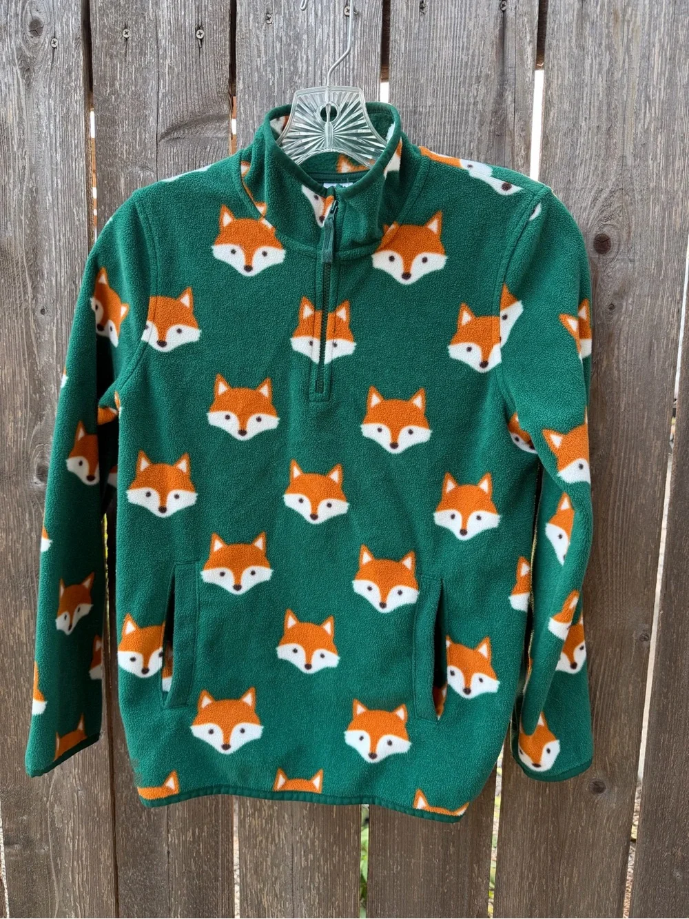 Boys 12 Gymboree Green Fleece 3/4 zip Pullover with Orange Fox Print